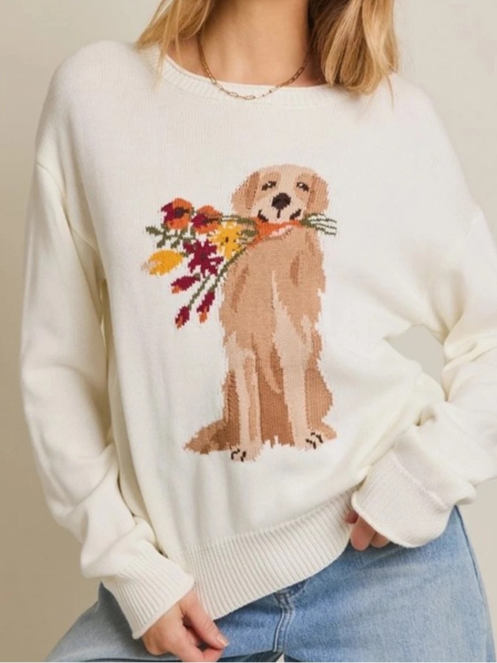 Gilli Cream Rolled Hem Knit Sweater with Golden Retriever Holding Flowers